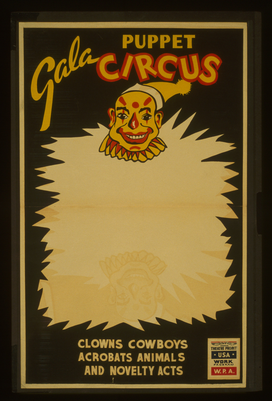 Gala puppet circus Clowns cowboys acrobats animals and novelty acts., 1936 — vintage poster