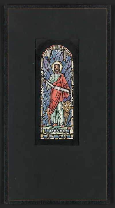 Design drawing for stained glass window of St Mark with lion