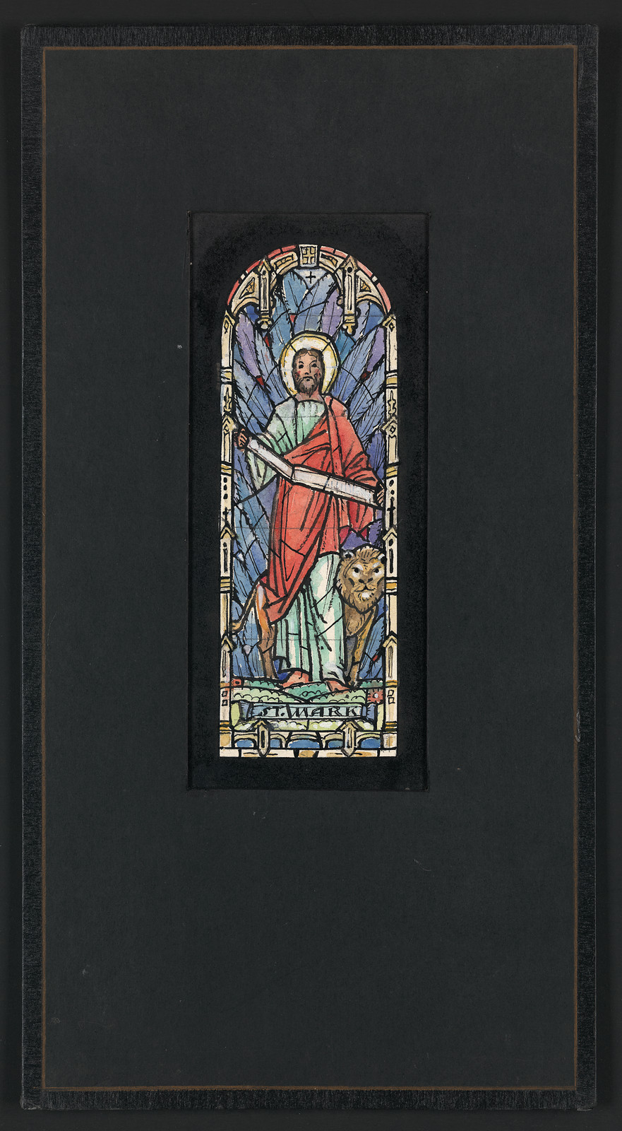Design drawing for stained glass window of St Mark with lion — historic drawing
