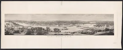 Panoramic view of Cincinnati, U.S.A., with river and bridge