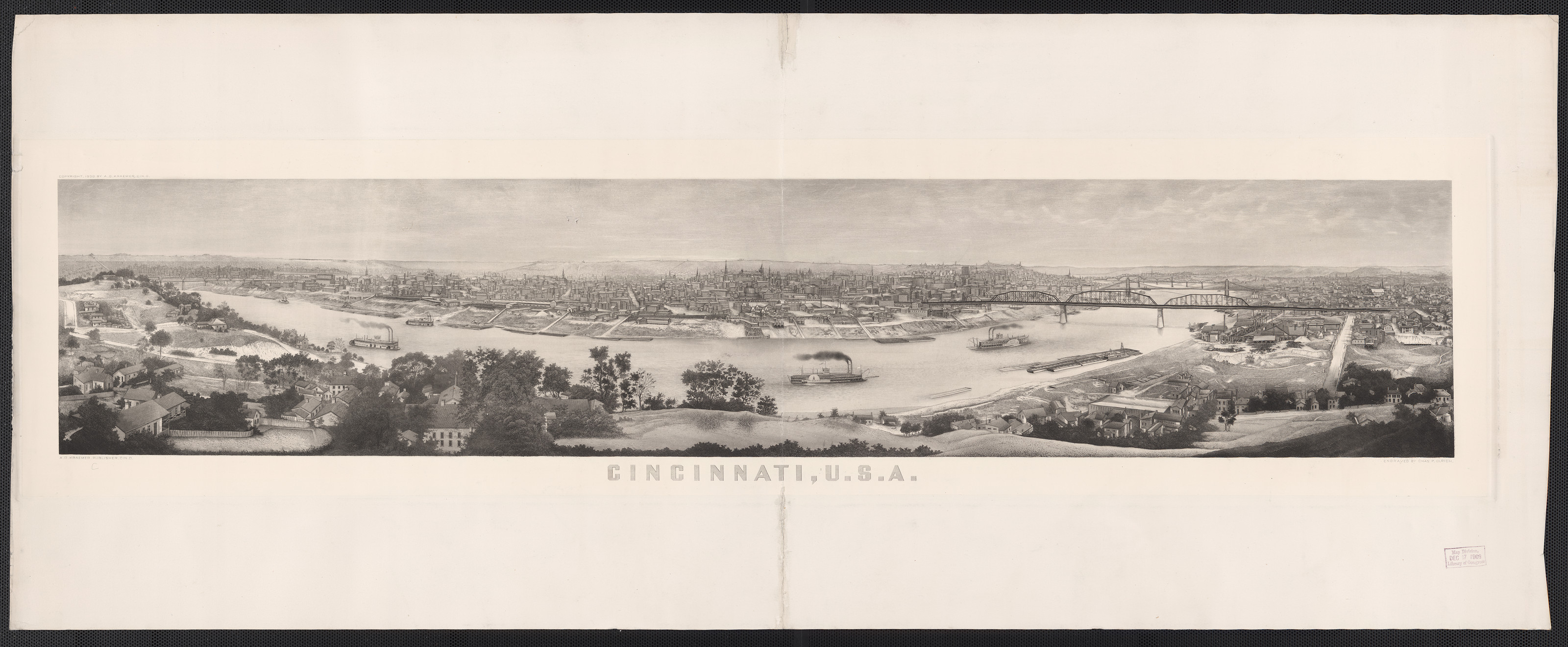 Panoramic view of Cincinnati, U.S.A., with river and bridge — historic image