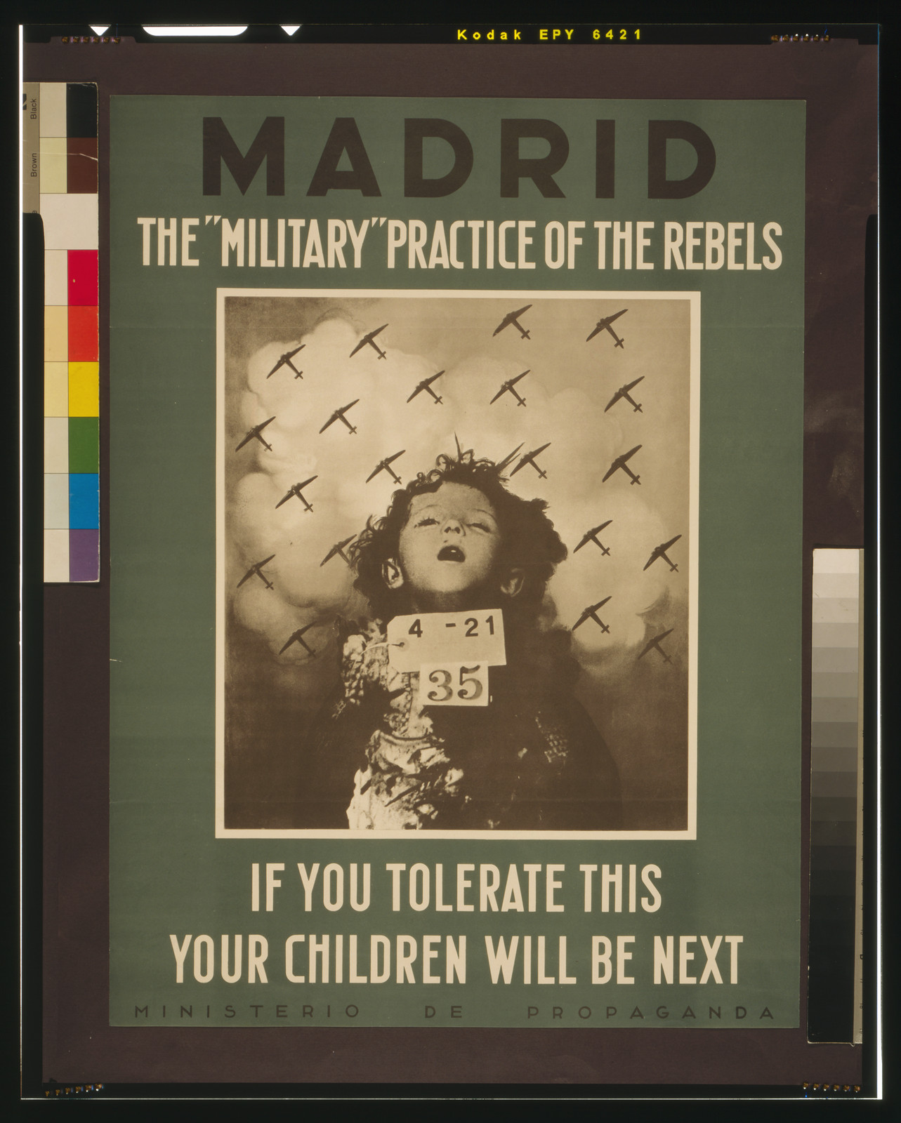 Madrid. The 'military' practice of the Rebels. If you tolerate this, your children will be next, [Madrid] : Ministerio de Propaganda, [between 1936 and 1939] — vintage poster