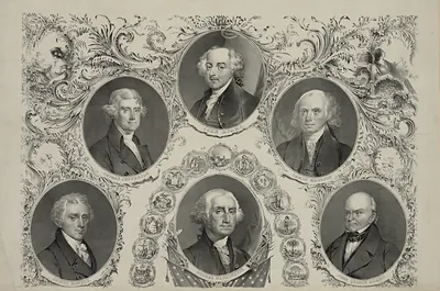 Oval Portraits Of Early American Presidents With State Seals