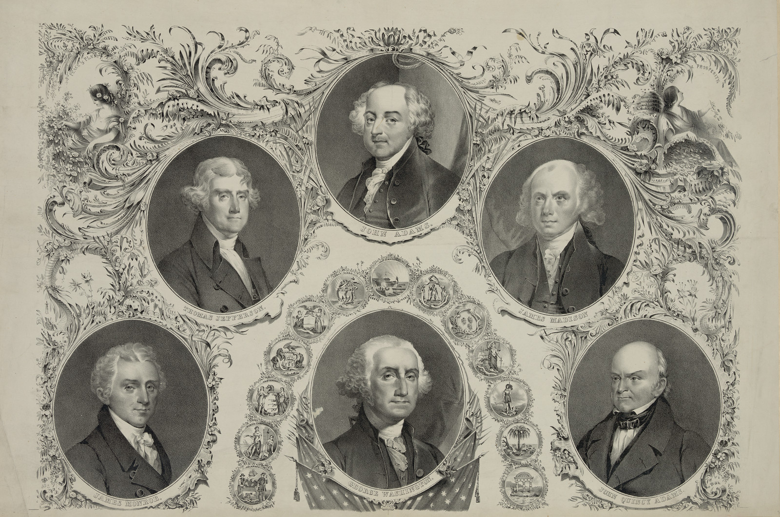 Oval Portraits Of Early American Presidents With State Seals — historic image