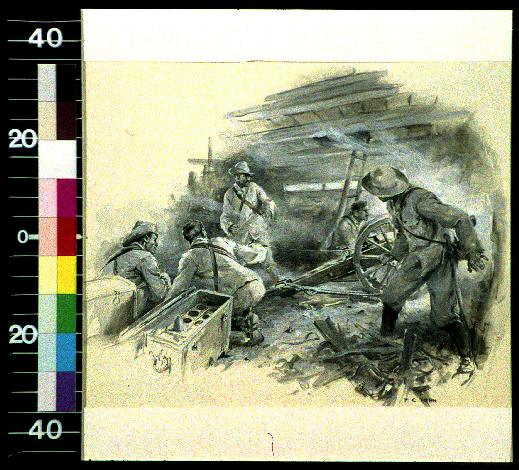 Soldiers beside a gun carriage and ammunition box, wash drawing — historic drawing