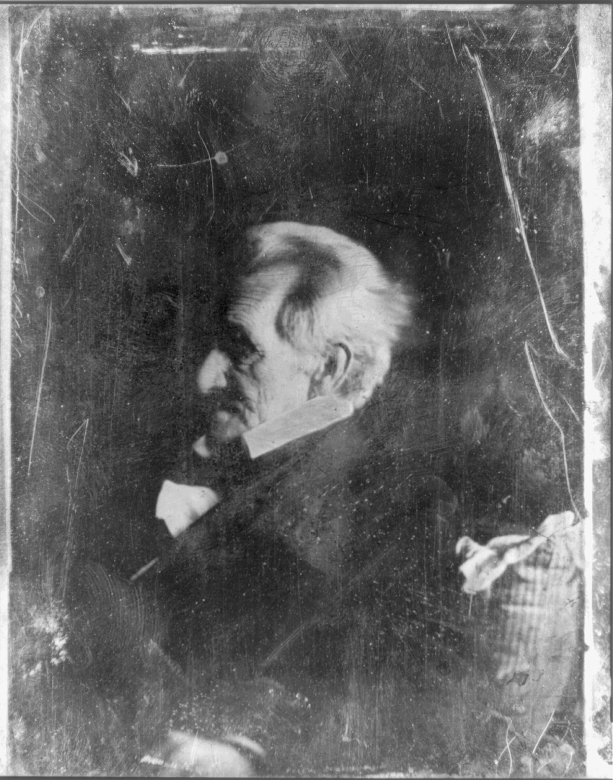 [Andrew Jackson, head-and-shoulders portrait, nearly in profile to left, leaning against pillow of which ticking appears in lower left corner], [between 1844 and 1845] — historic photograph