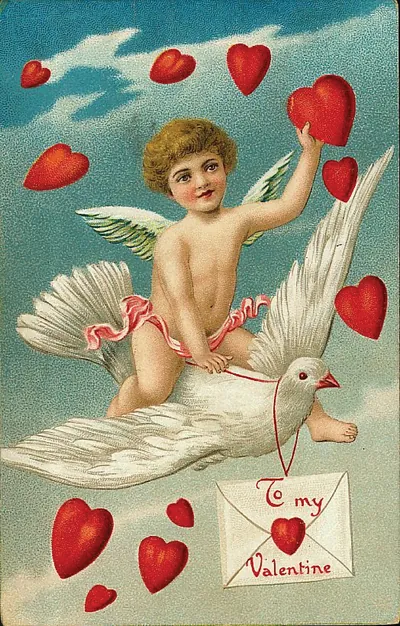 Cupid riding a white dove with hearts and a Valentine envelope