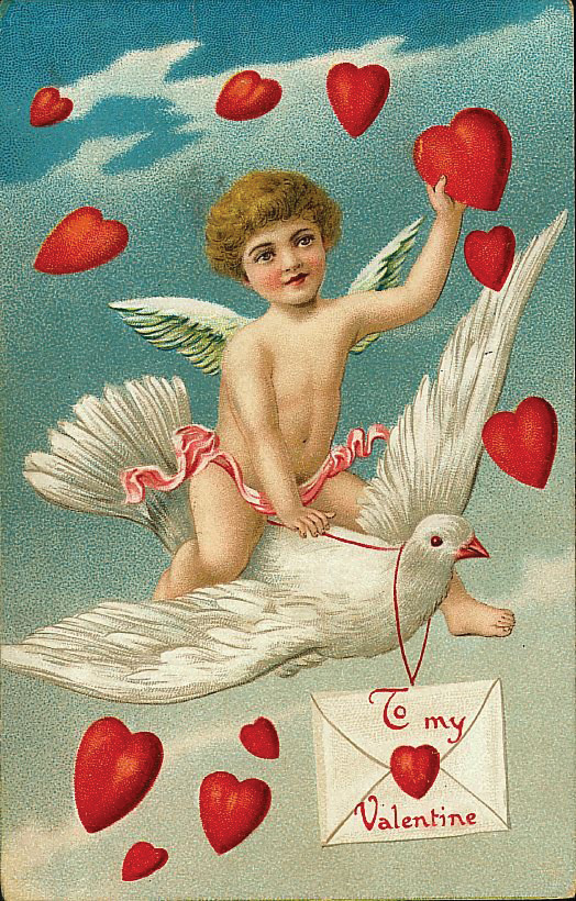 Cupid riding a white dove with hearts and a Valentine envelope — historic image