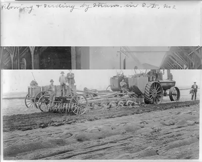 Plowing and seeding by steam [tractor combine]