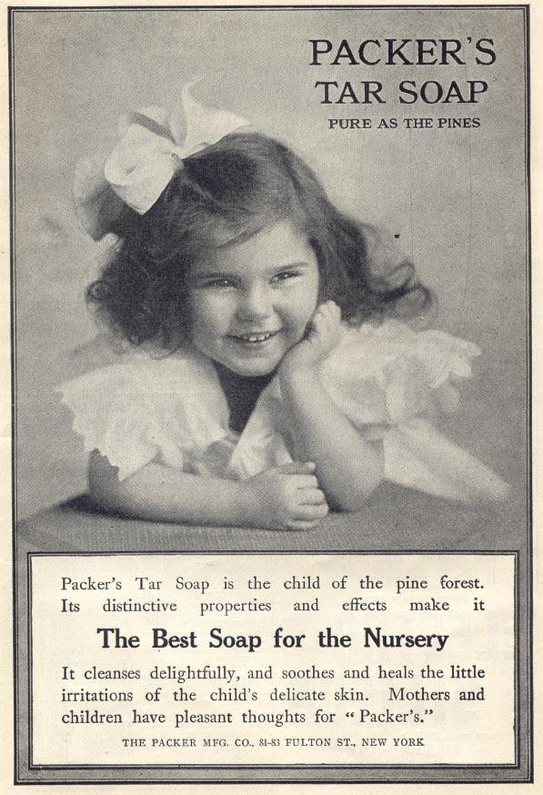 Packer's Tar Soap advertisement with smiling toddler in bow — historic image
