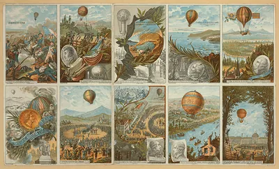 Sheet of ten collecting cards showing ballooning events