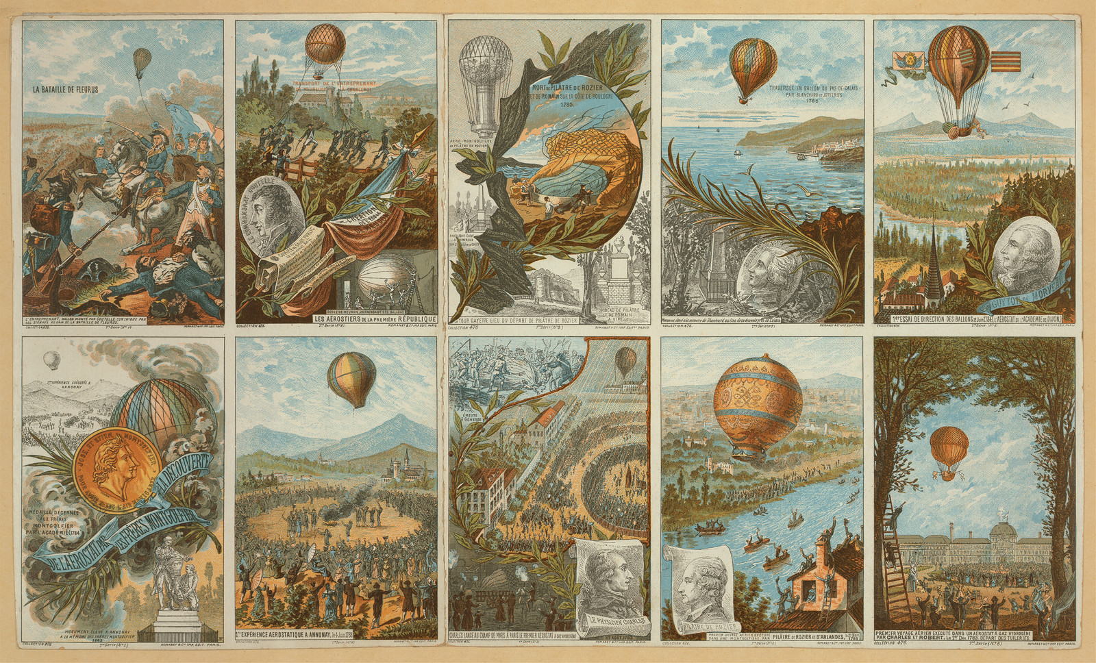Sheet of ten collecting cards showing ballooning events — historic image