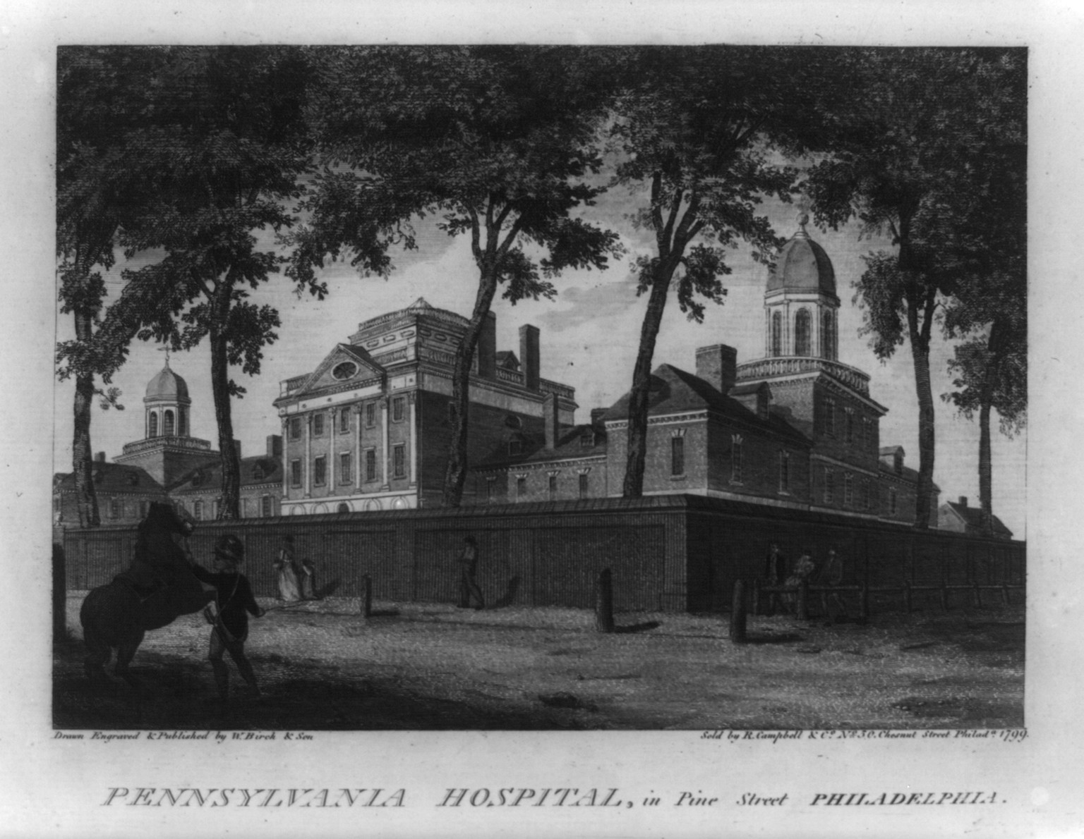 Pennsylvania Hospital, in Pine Street Philadelphia, 1800 — antique engraving