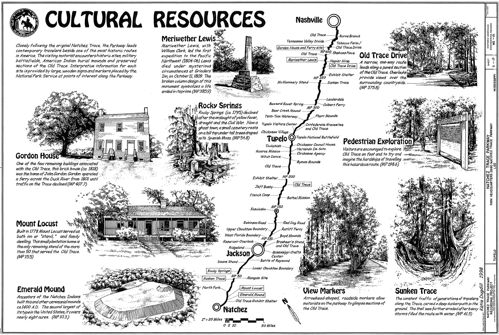 Cultural Resources of the Natchez Trace Parkway, illustrated map — antique map