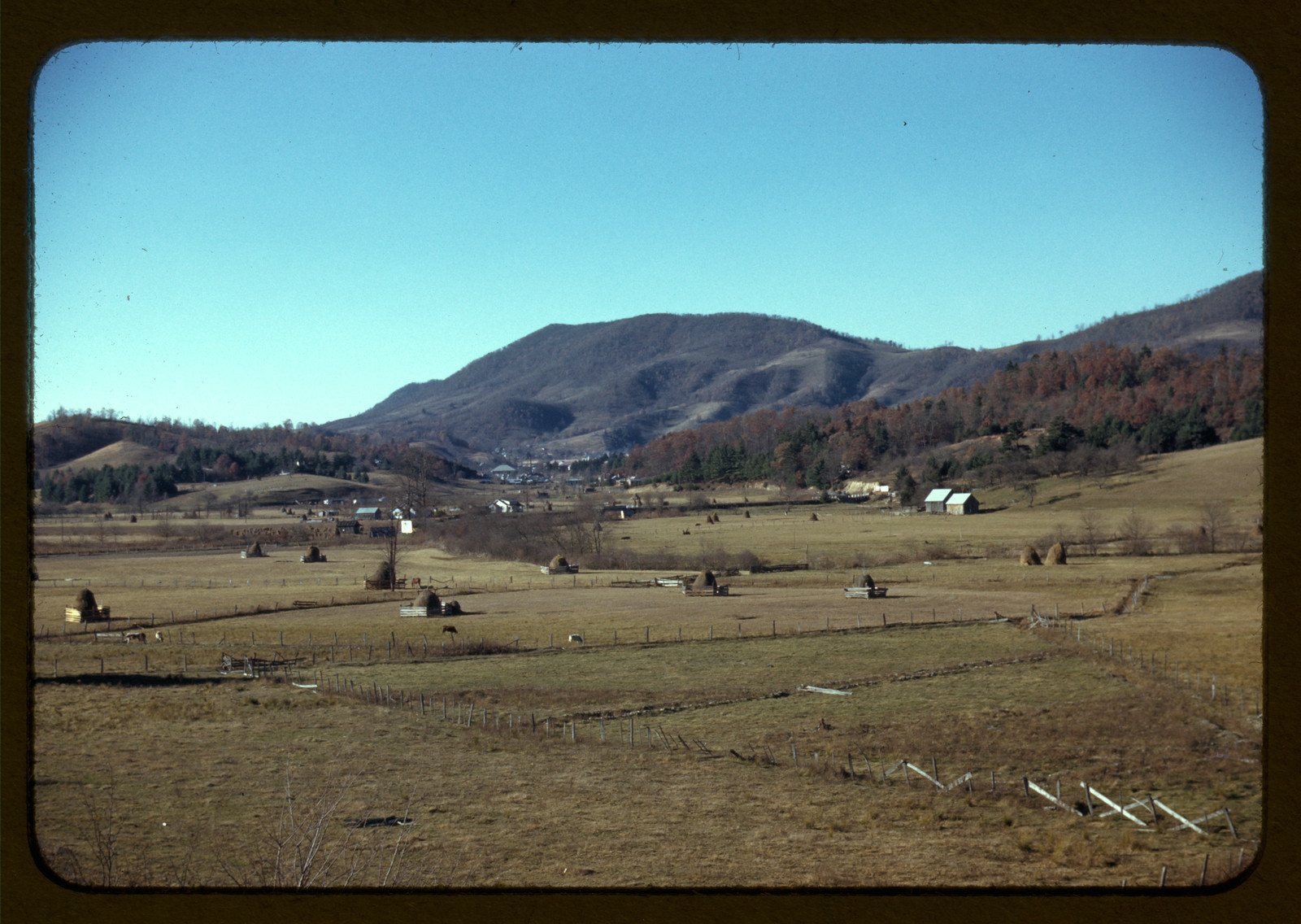 Hay stacks and farm fields in a mountain valley — historic image