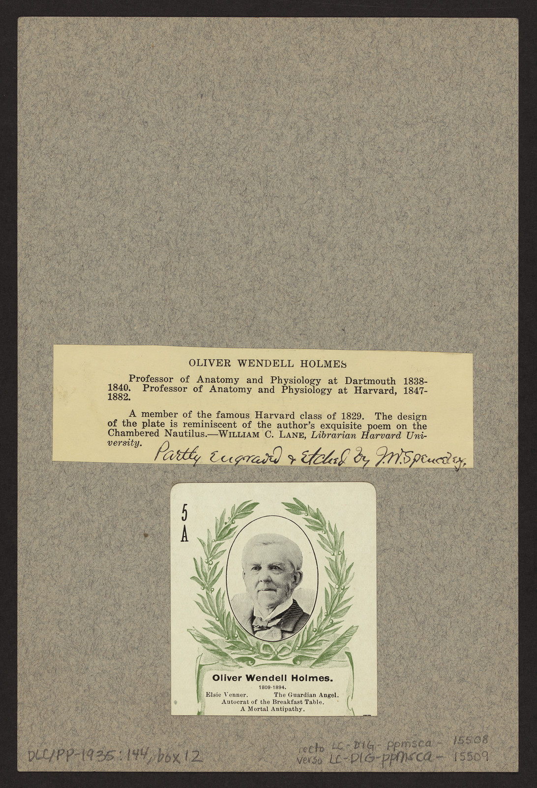 Oliver Wendell Holmes portrait card with typed label — historic image