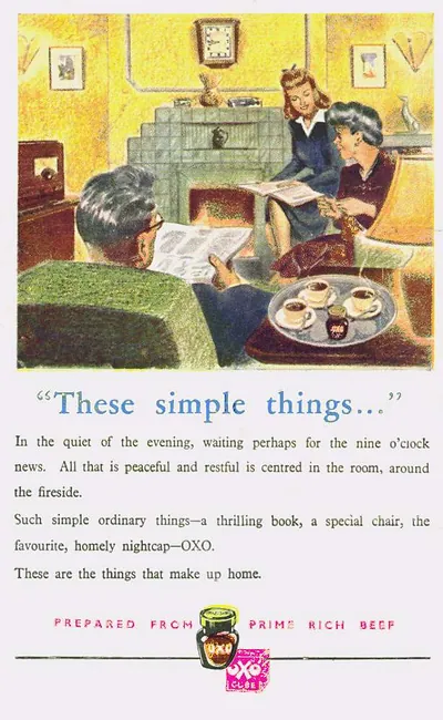 Vintage OXO advertisement: 'These simple things...' family fireside scene