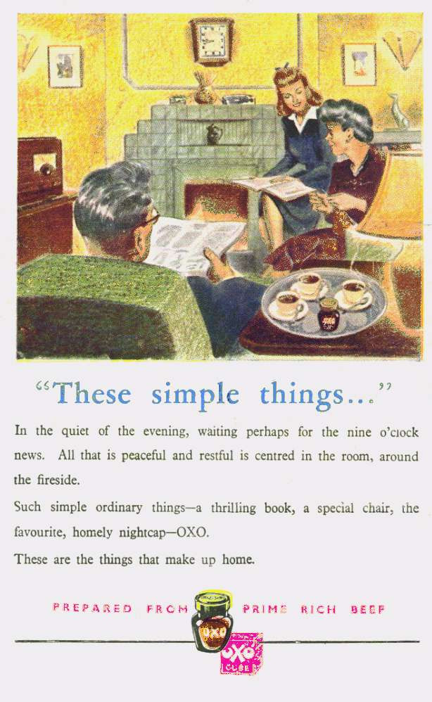 Vintage OXO advertisement: 'These simple things...' family fireside scene — historic image