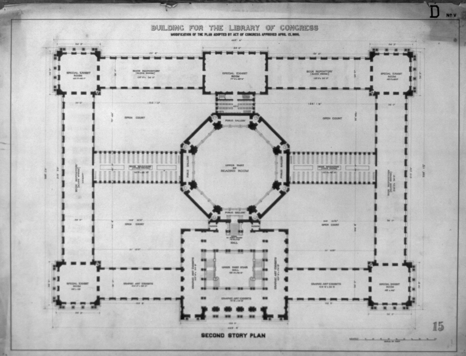 [Library of Congress, Washington, D.C. Second story plan, D series], and Engineering (ADE) Drawings" (http://www.loc.gov/rr/print/res/103_ade.html)." — historic drawing