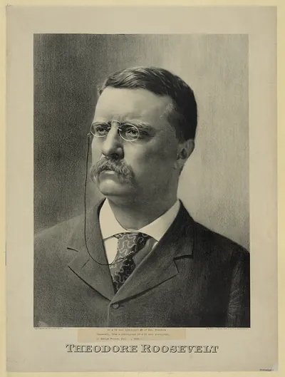 Theodore Roosevelt lithograph portrait with printed caption