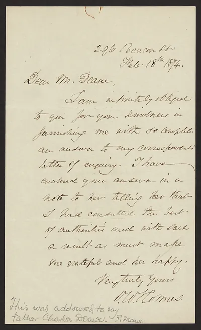 Handwritten letter signed O. W. Holmes to Mr. Deane, February 18, 1874