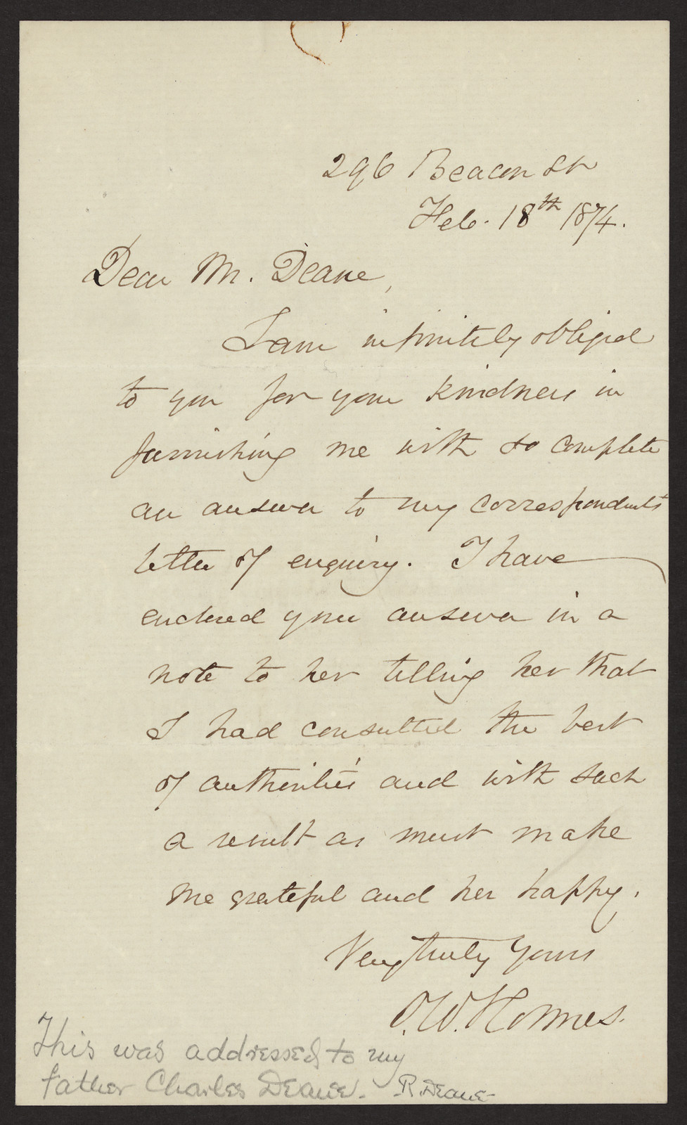 Handwritten letter signed O. W. Holmes to Mr. Deane, February 18, 1874 — historic image