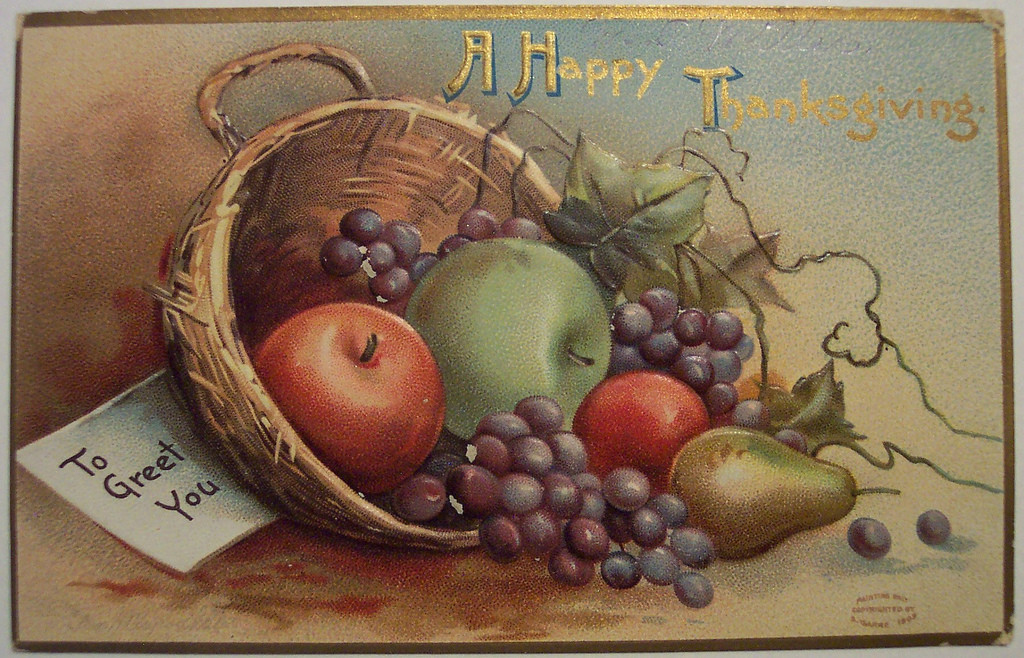 A Happy Thanksgiving postcard with fruit basket — vintage postcard