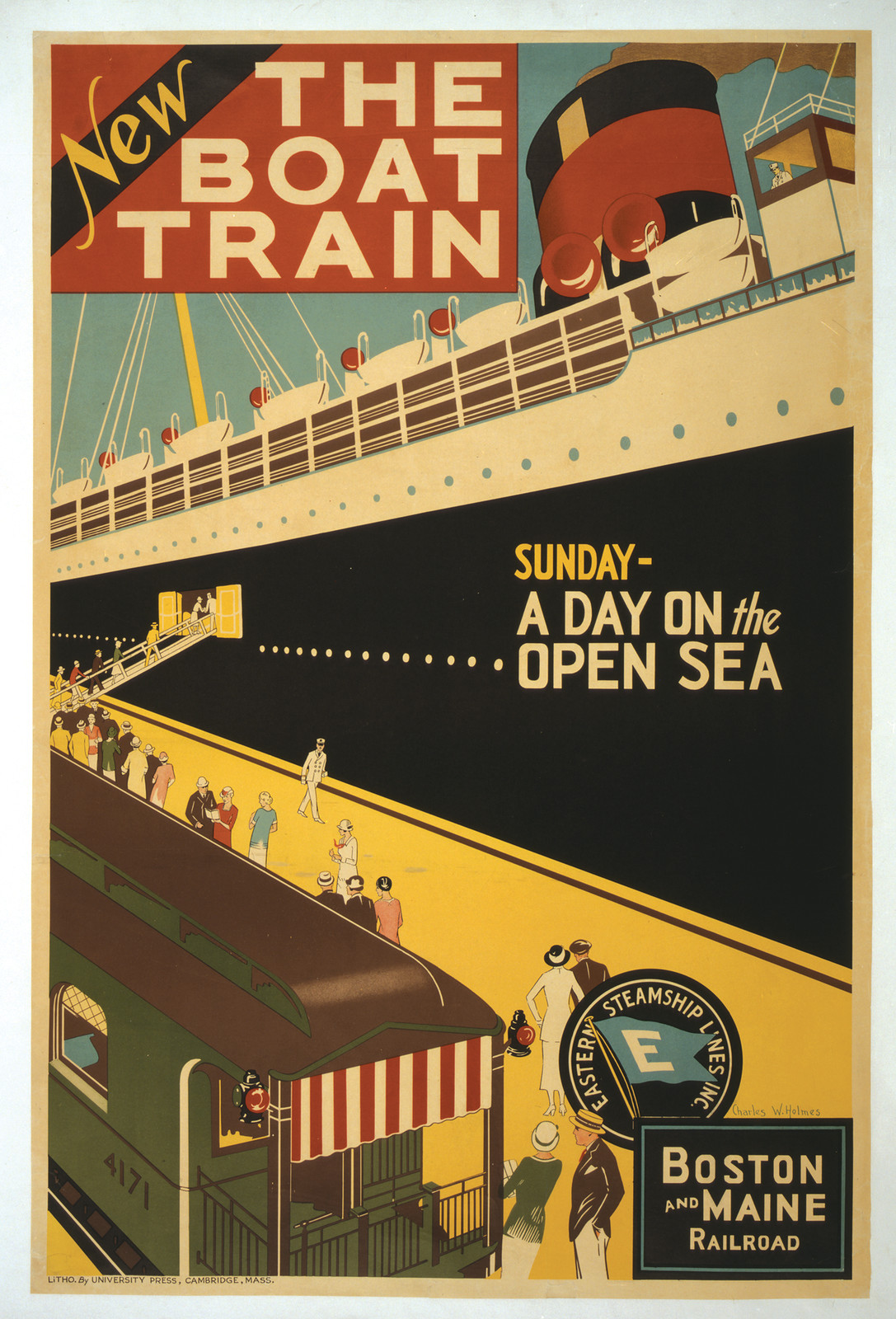 New. The boat train. Sunday - a day on the open sea / Charles W. Holmes ; Litho. by University Press, Cambridge, Mass., [S.l. : s.n., ca. 1925] — vintage poster