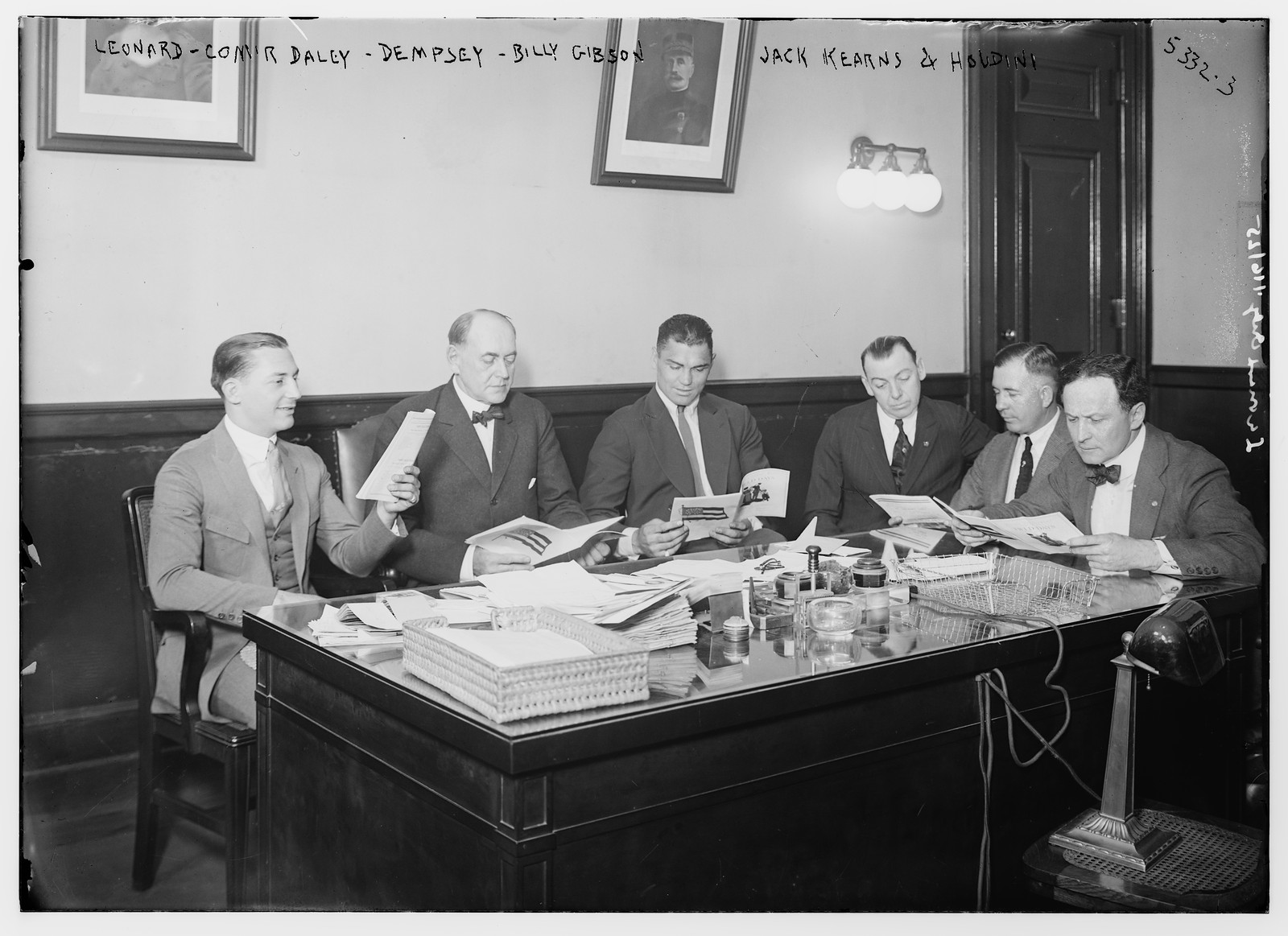 Dempsey, Leonard, Comr. Daley, Billy Gibson, Jack Kearns & Houdini, n/a — historic photograph