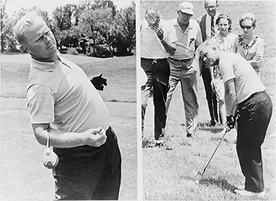 [Jack Nicklaus practicing for golf tournament being held at St. Louis, Mo.; two images]
