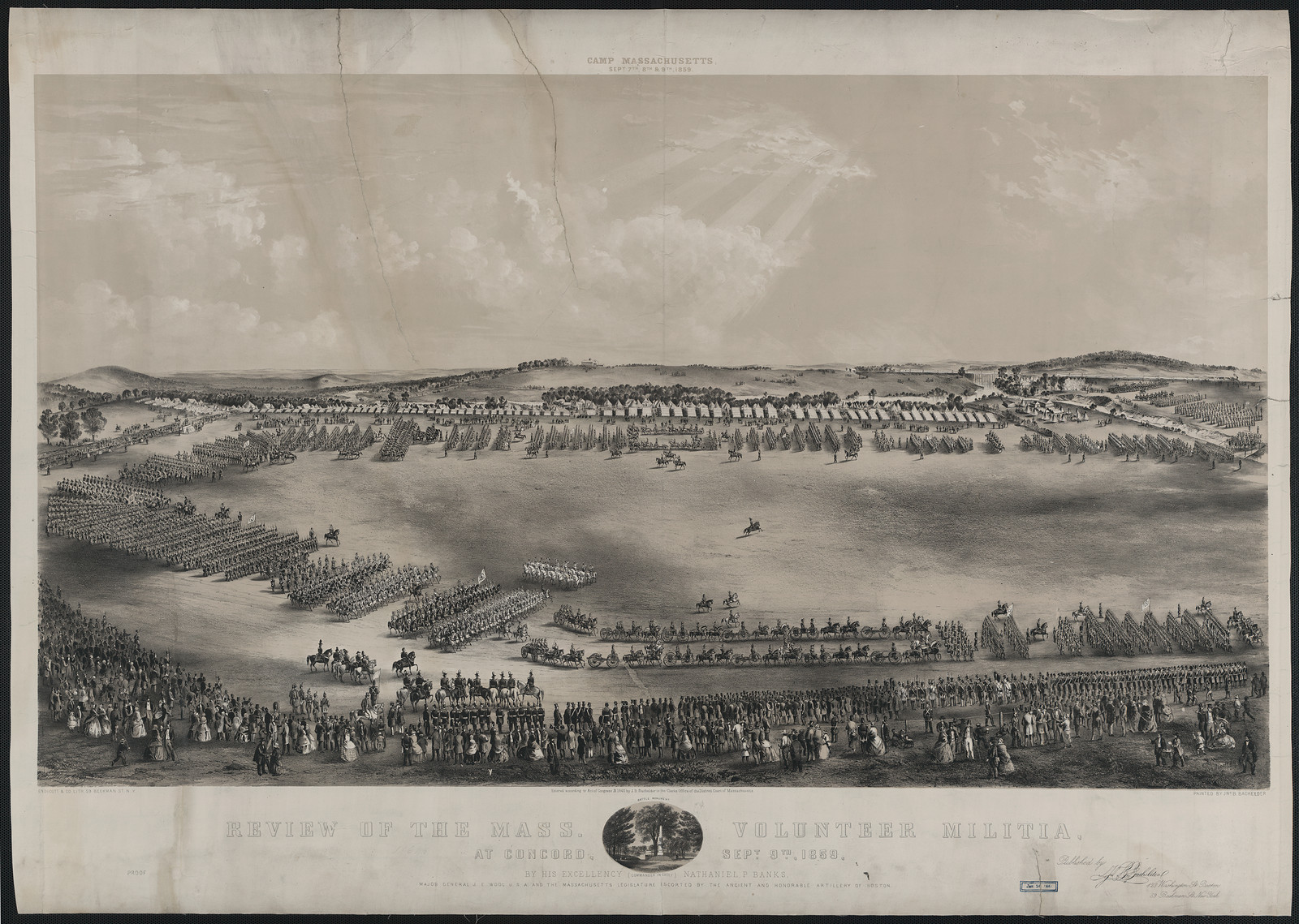 Review of the Mass. Volunteer Militia, panoramic lithograph — antique lithograph