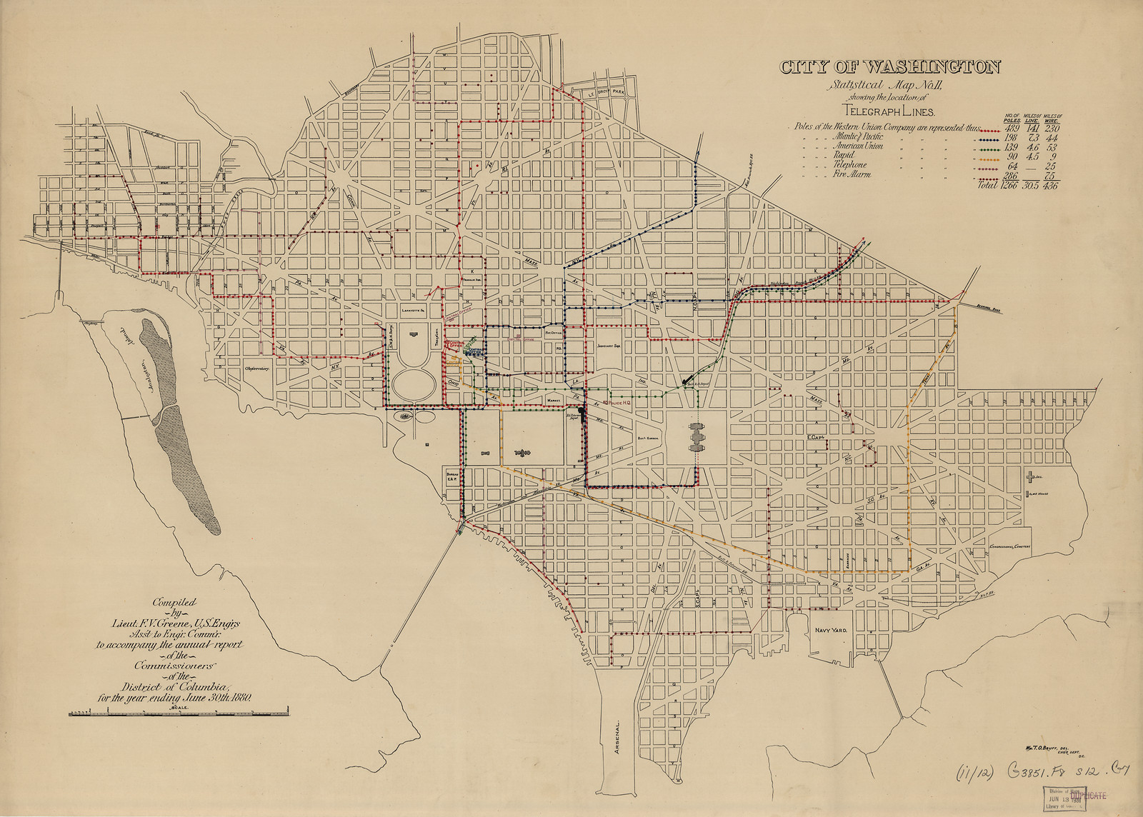 City of Washington Statistical Map showing telegraph lines — antique map