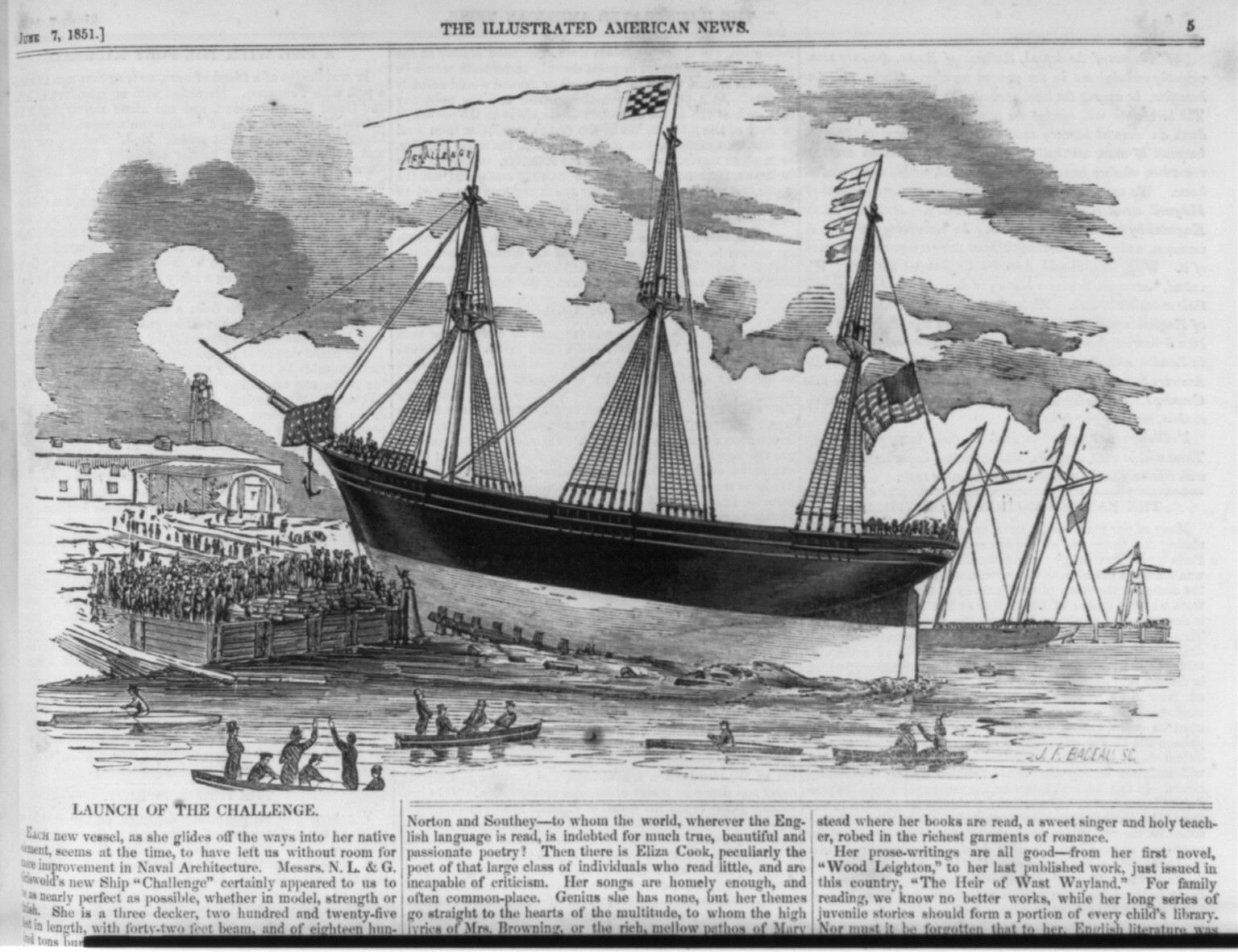Launch of the CHALLENGE"", 1851 — antique engraving