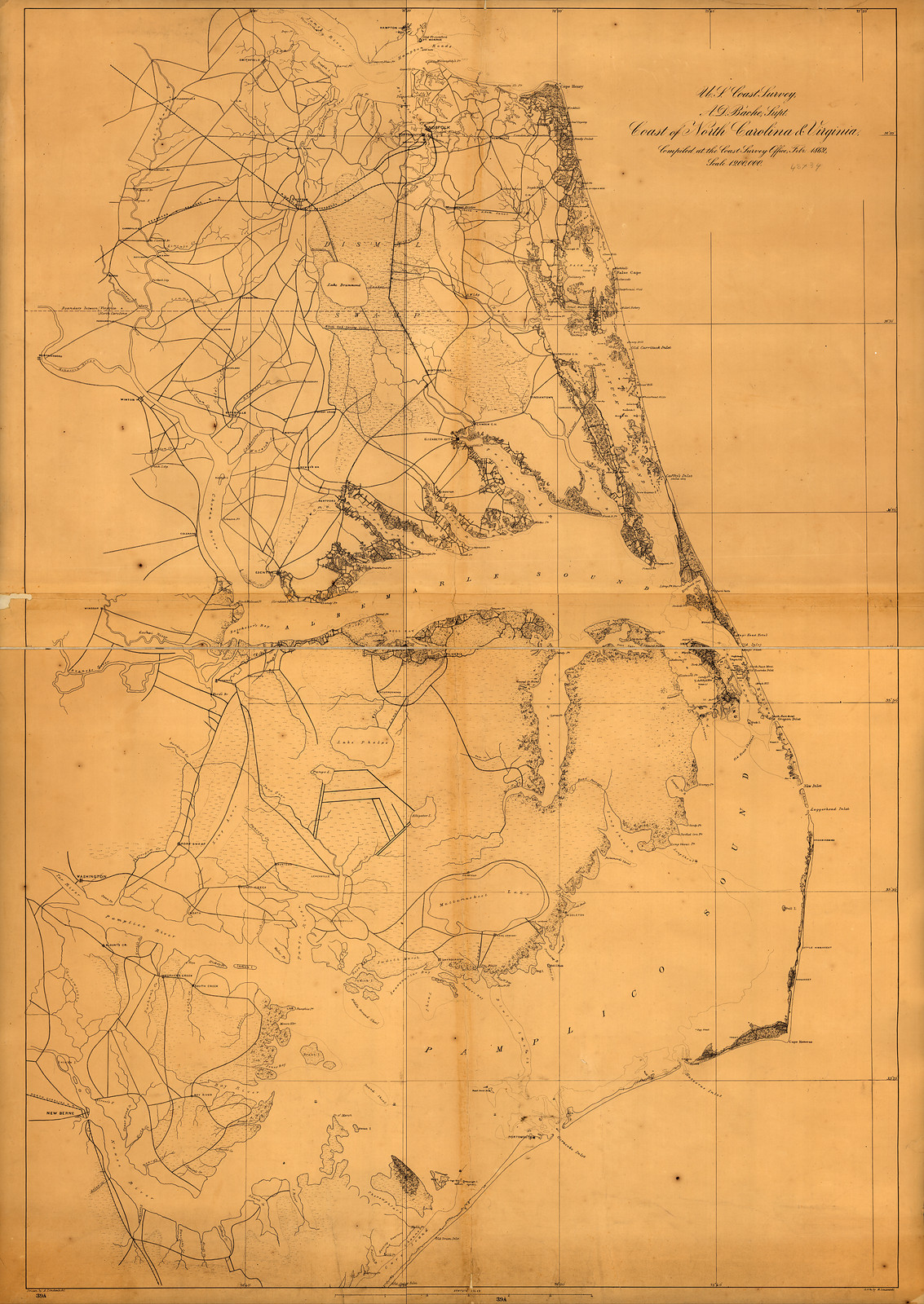 U.S. Coast Survey map, Coast of North Carolina and Virginia — antique map