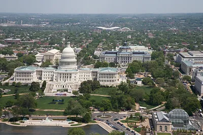 Aerial view of the U.S. Capitol and surrounding city