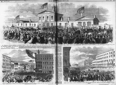 3 illus.: 1. The Presidential journey - Reception of President Lincoln in New York, on the arrival of the special trains at the Hudson River R. depot, Thirtieth Street, Thursday, Feb. 19, 1861; 2. Reception of President Lincoln at Cleveland, Ohio; 3. President Lincoln in Buffalo, N.Y.