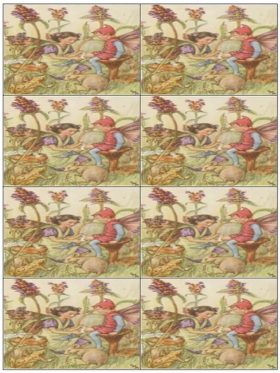 Fairies with flowers and a rabbit, repeated on a label sheet