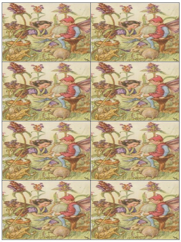 Fairies with flowers and a rabbit, repeated on a label sheet — historic image