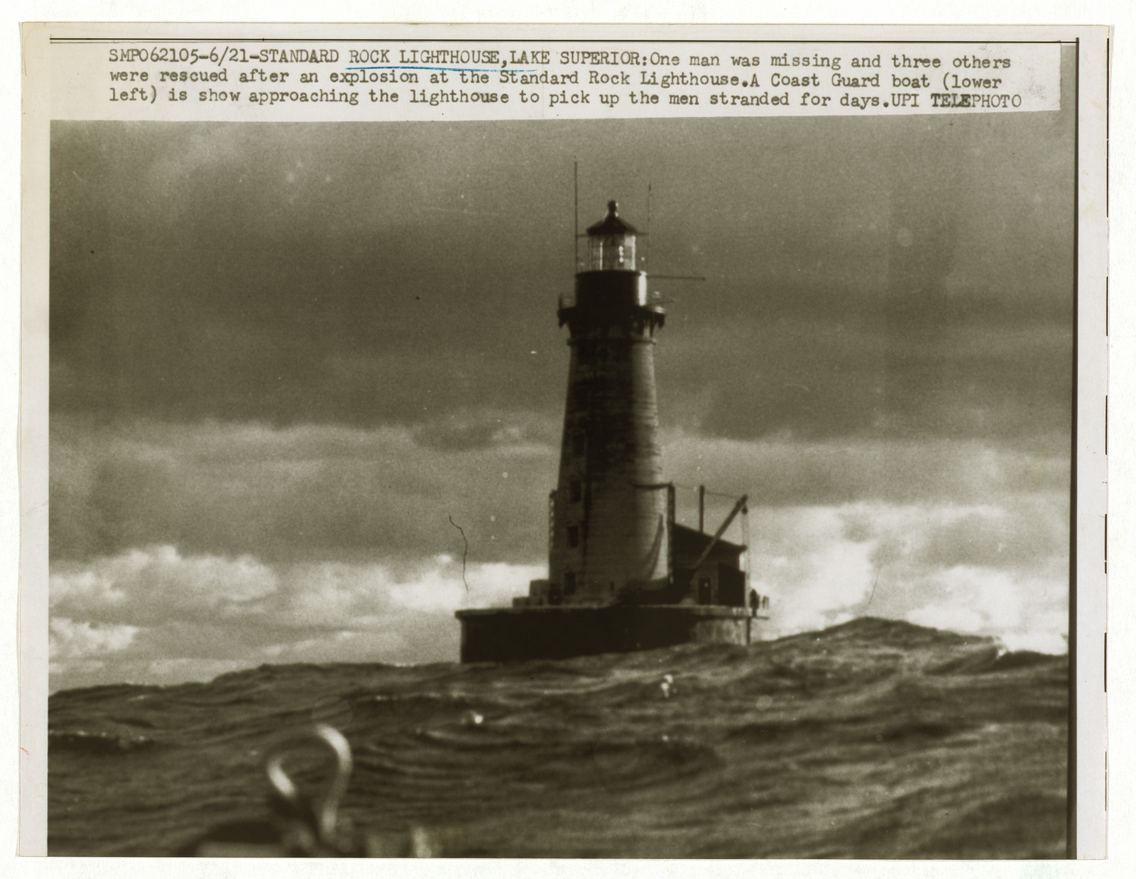 Standard Rock Lighthouse, Lake Superior, UPI telephoto photograph — historic photograph