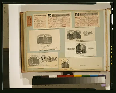 [Souvenirs from a trip to the United States including railway passes and advertising cards for hotels]