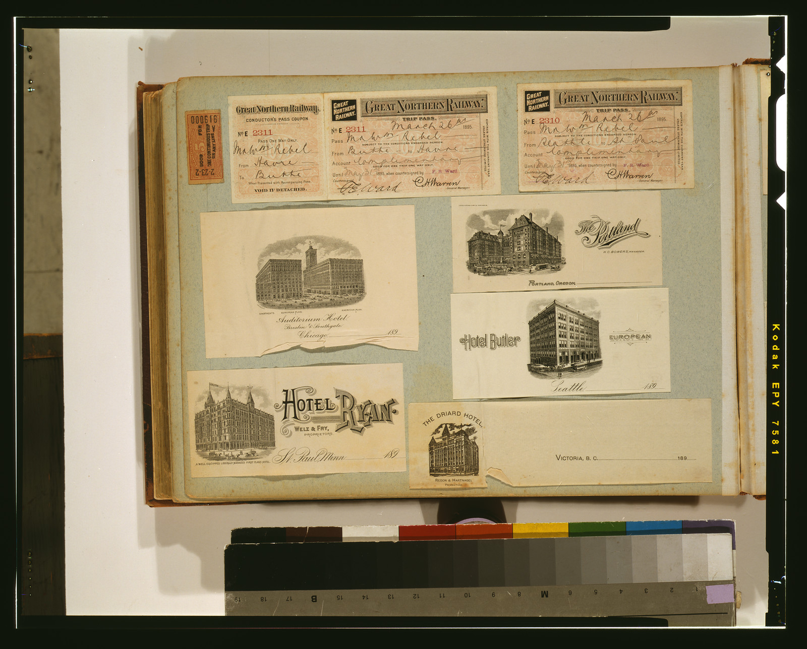 [Souvenirs from a trip to the United States including railway passes and advertising cards for hotels], 1895 — historic image