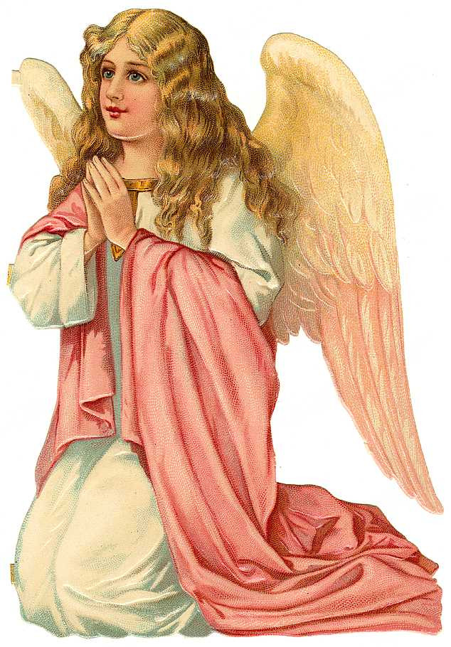Kneeling praying angel with pink robe and golden wings — historic image