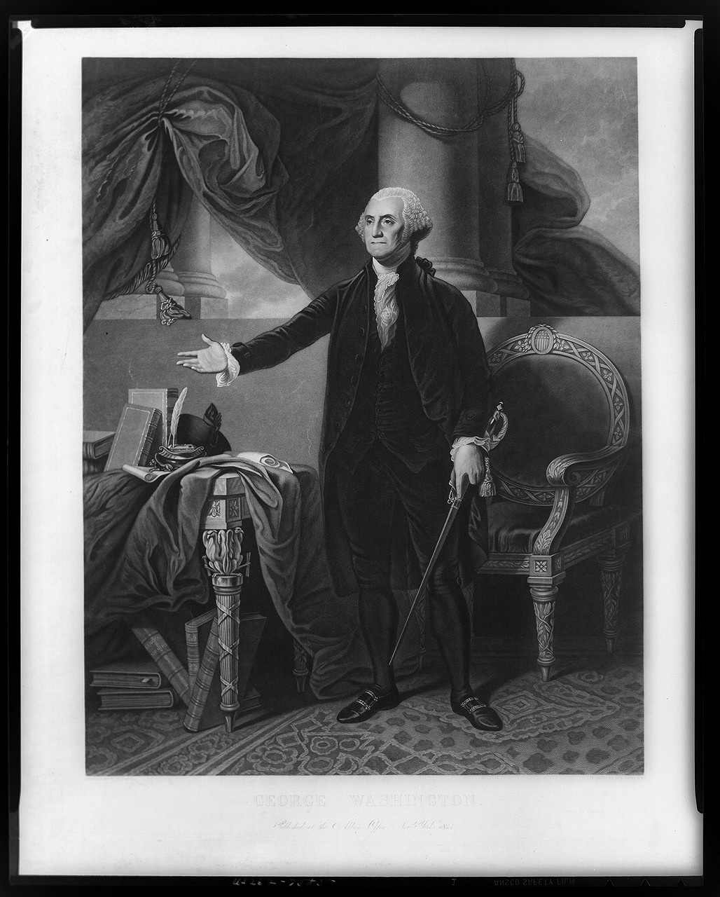George Washington / painted by G. Stuart ; engraved by H.S. Sadd, N.Y., [New York City] : Published at the Albion Office, 1844 ( printed by J. Neale) — historic print