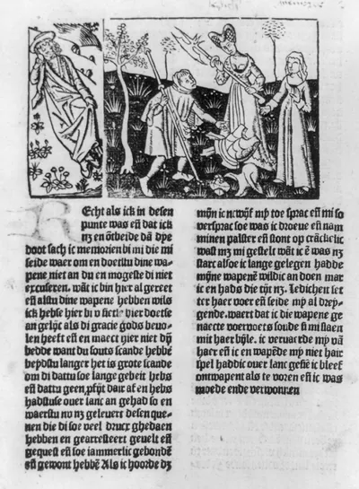 Pilgrim dreaming he is discarding armor under ax held by woman