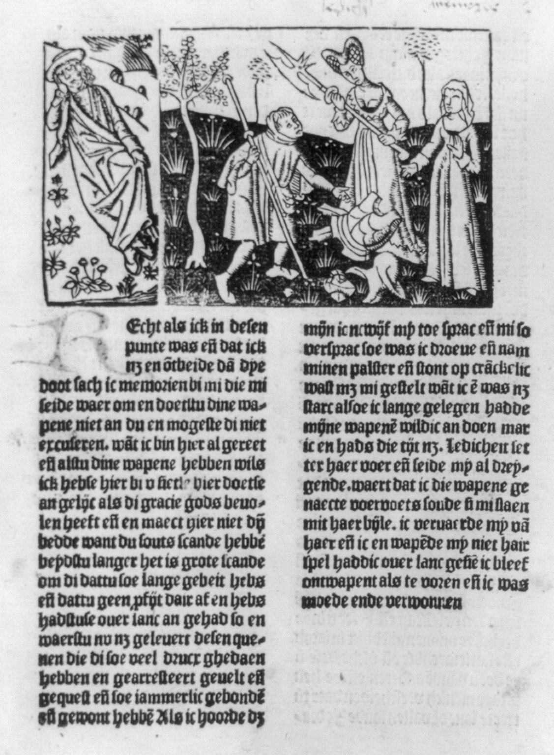 Pilgrim dreaming he is discarding armor under ax held by woman — historic print