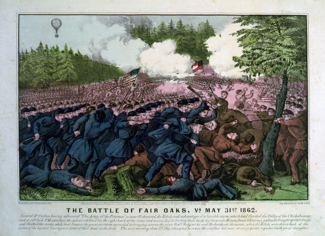 The Battle of Fair Oaks, Va. May 31st, 1862, New York : Published by Currier & Ives, c1862. — antique lithograph