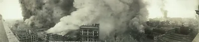 Panoramic view of San Francisco fire, smoke over city