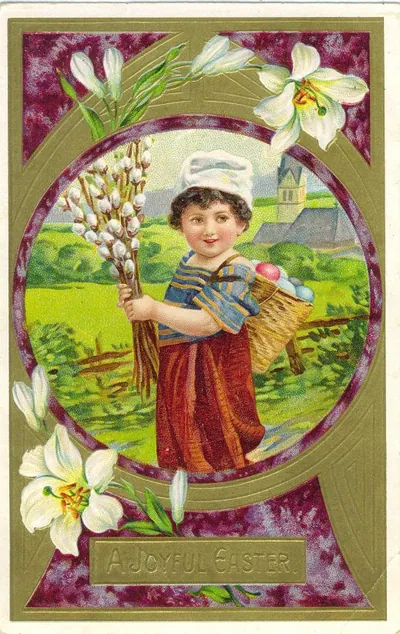 Joyful Easter greeting card with child and pussy willows