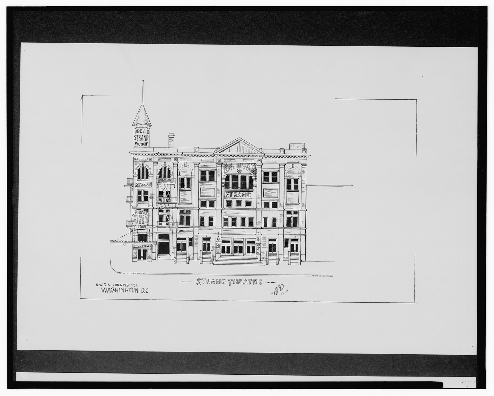[Theaters, Washington, D.C. Strand Theatre, D St. and 9th St. NW. Elevation] / AFD 1926., And Engineering (ADE) Drawings — vintage poster