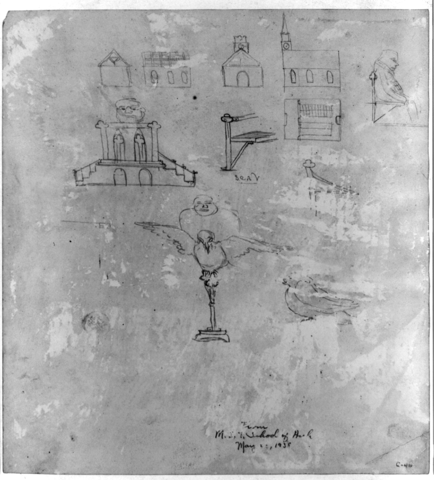 [House with an L-shaped piazza. Sketches, gothic church and furnishings], and Engineering (ADE) Drawings" (http://www.loc.gov/rr/print/res/103_ade.html)." — historic drawing
